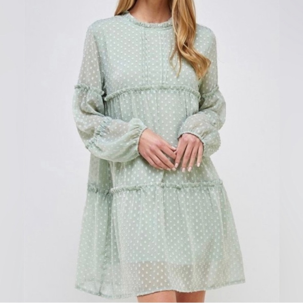 Solution women's Swiss dot mock neck long sleeve green dress SzS